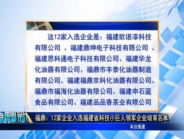 福鼎：12家企業(yè)入選福建省科技小巨人領(lǐng)軍企業(yè)培育名單