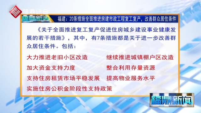 【字幕新聞】福建：20條措施全面推進(jìn)房建市政工程復(fù)工復(fù)產(chǎn)，改善群眾居住條件