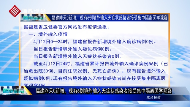 福建昨天0新增，現(xiàn)有6例境外輸入無癥狀感染者接受集中隔離醫(yī)學觀察