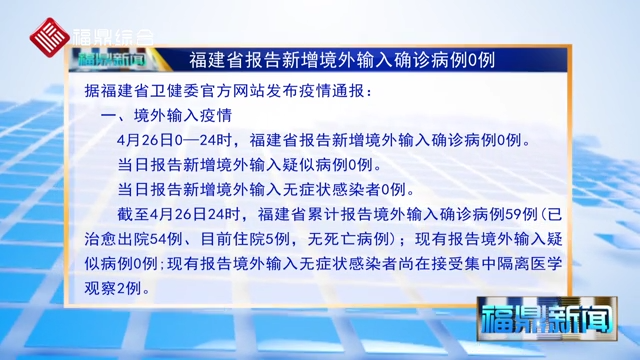 【每日疫情】福建省報告新增境外輸入確診病例0例