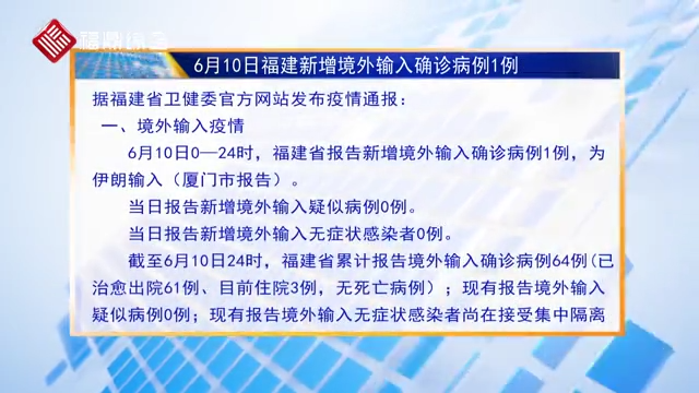 6月10日福建新增境外輸入確診病例1例