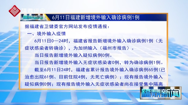 6月11日福建報(bào)告新增境外輸入確診病例1例